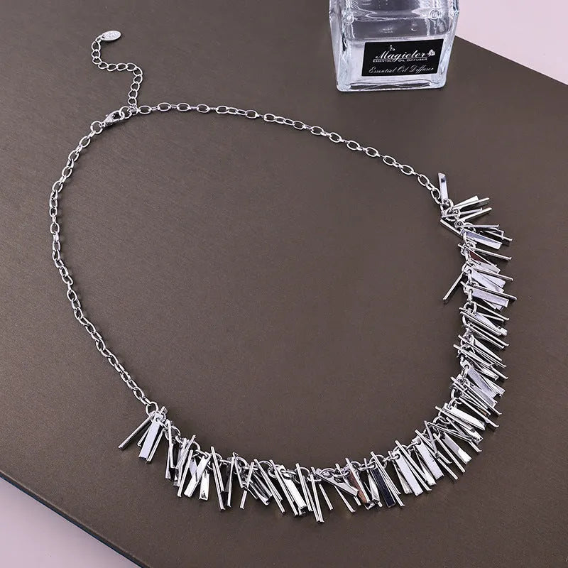 Silver square geometric pendant necklace with tassels on adjustable clavicle chain 31-40cm for women