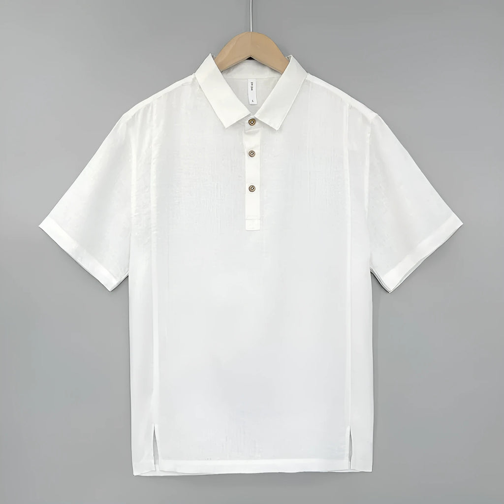 Men's loose fit linen short sleeve shirt in grey green with thin lapels