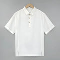 Men's loose fit linen short sleeve shirt in grey green with thin lapels