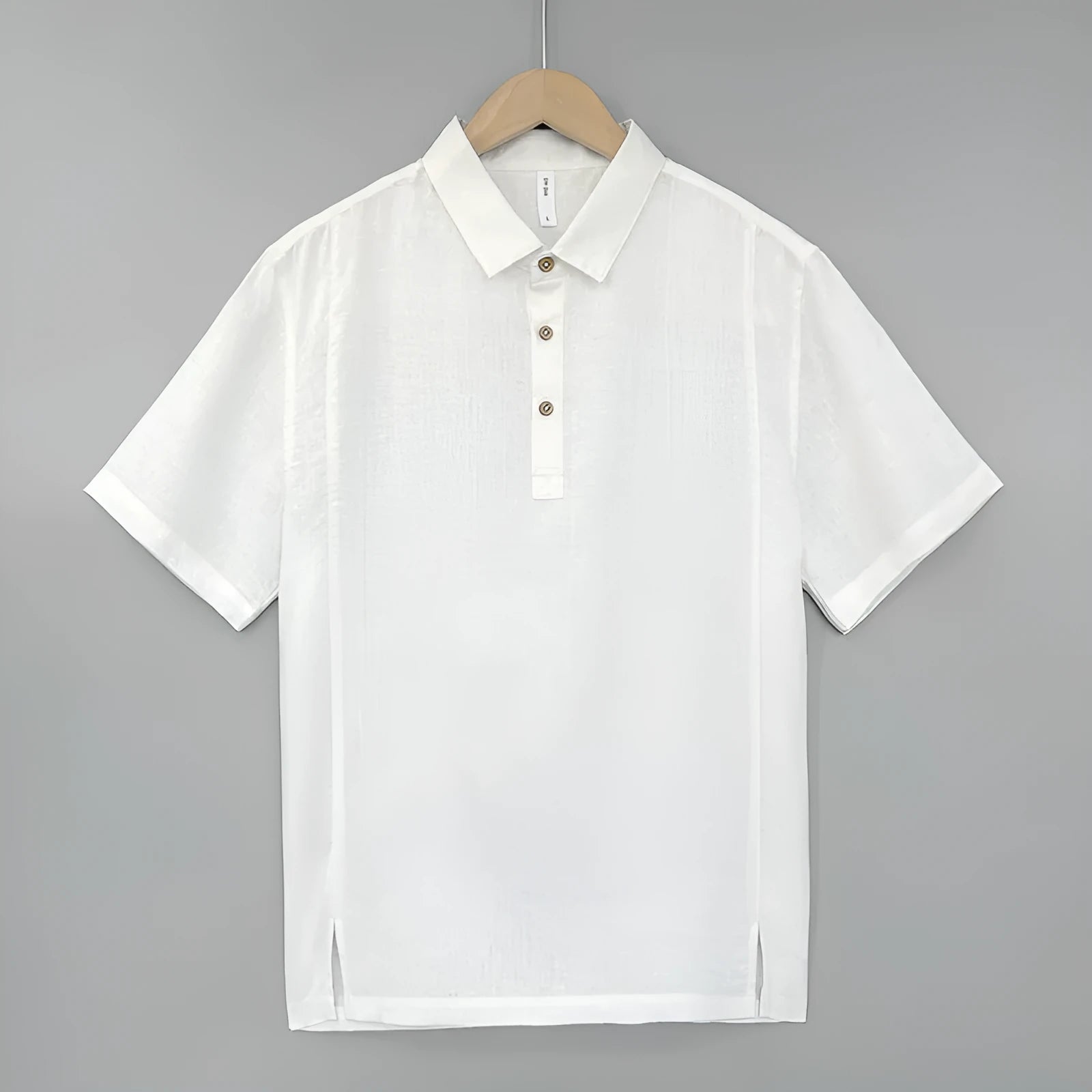 Men's loose fit linen short sleeve shirt in grey green with thin lapels