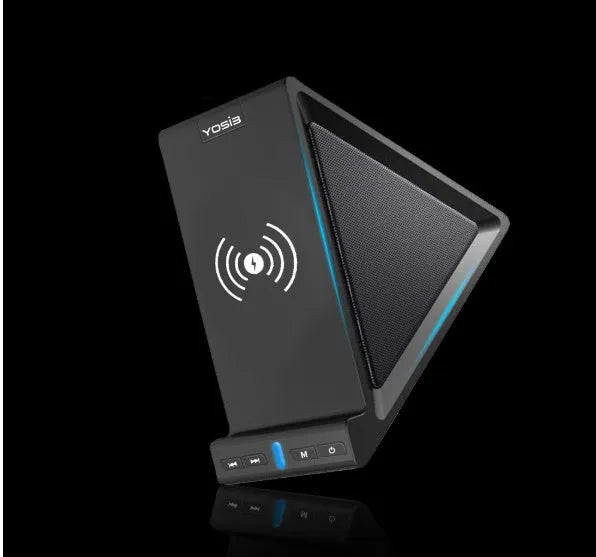 Black Bluetooth speaker with integrated phone stand and built-in 2000mAh power bank.