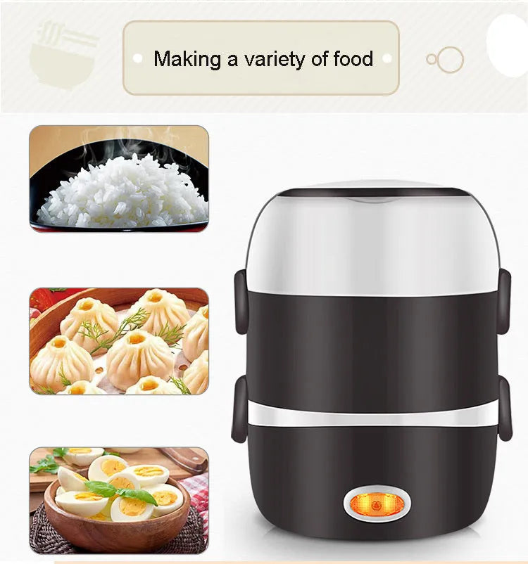 Electric lunch box with USB port and 190mm cubic dimensions showing two capacity options