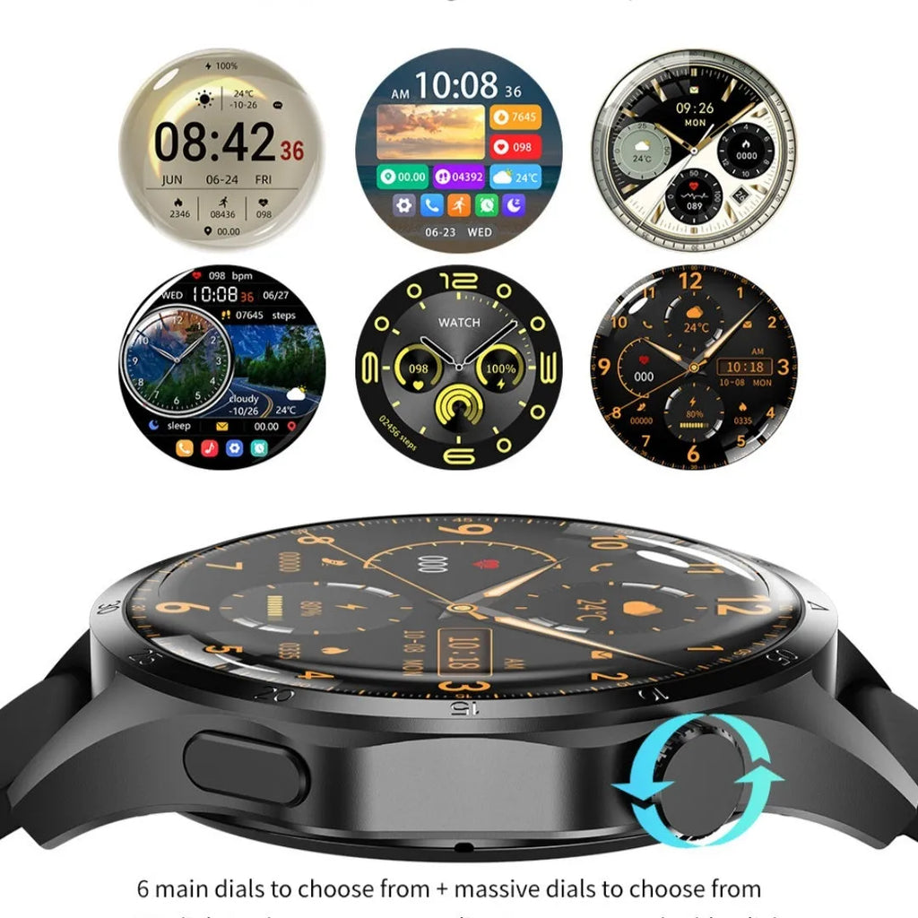 Black smartwatch with Bluetooth calling on a silicone strap, displaying health metrics on its screen.