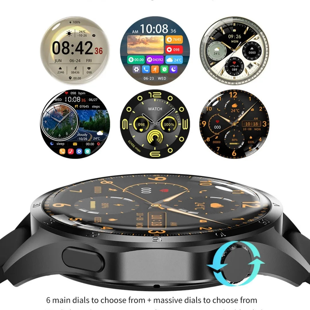 Black smartwatch with Bluetooth calling on a silicone strap, displaying health metrics on its screen.