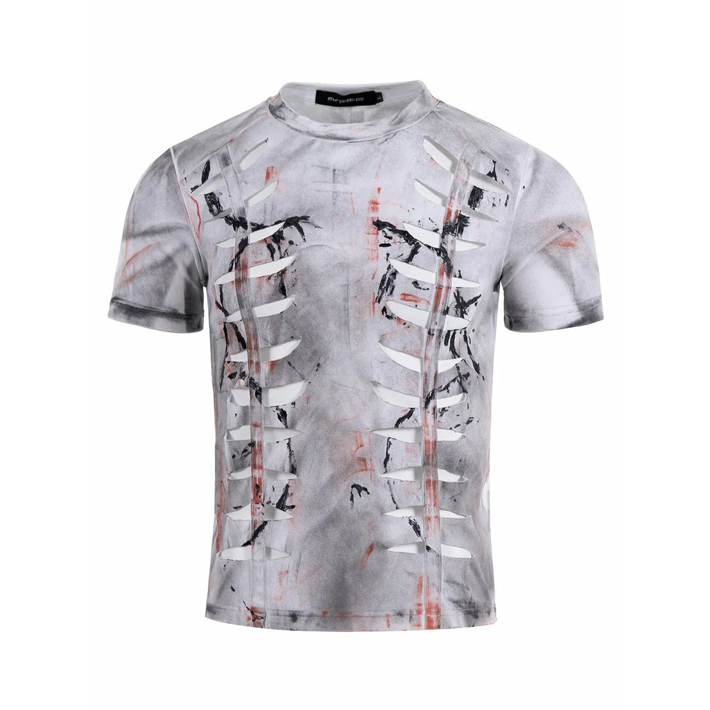 White men's cut hollow-out tight stretch cotton short sleeve round neck T-shirt