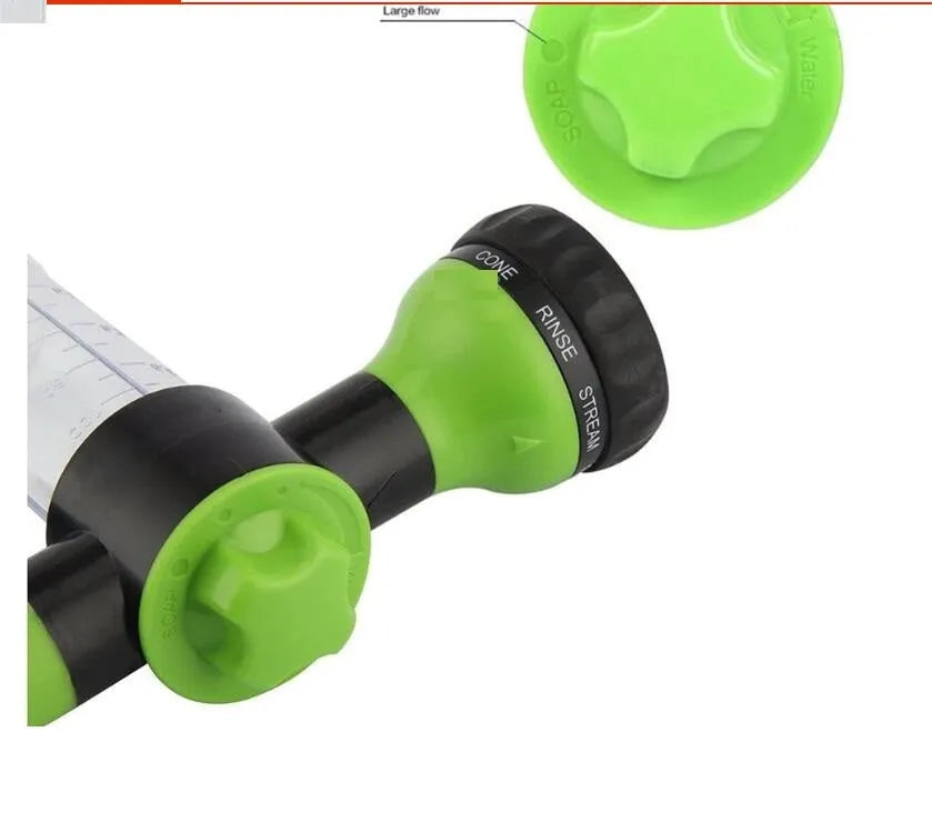 Green high-pressure foam spray gun with adjustable nozzle showing eight spray pattern settings