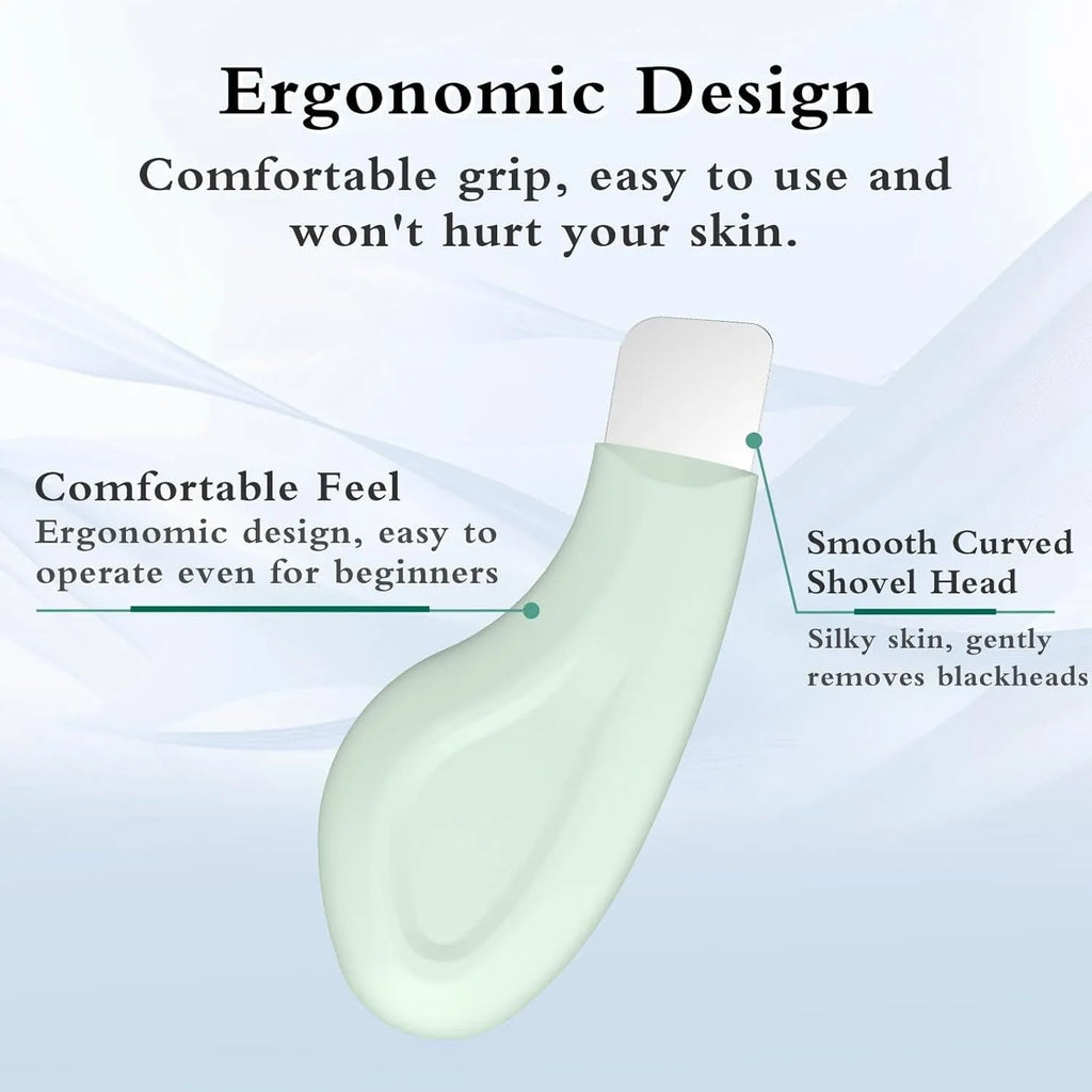 Green stainless steel blackhead remover tool with a non-slip handle for face and nose pores.