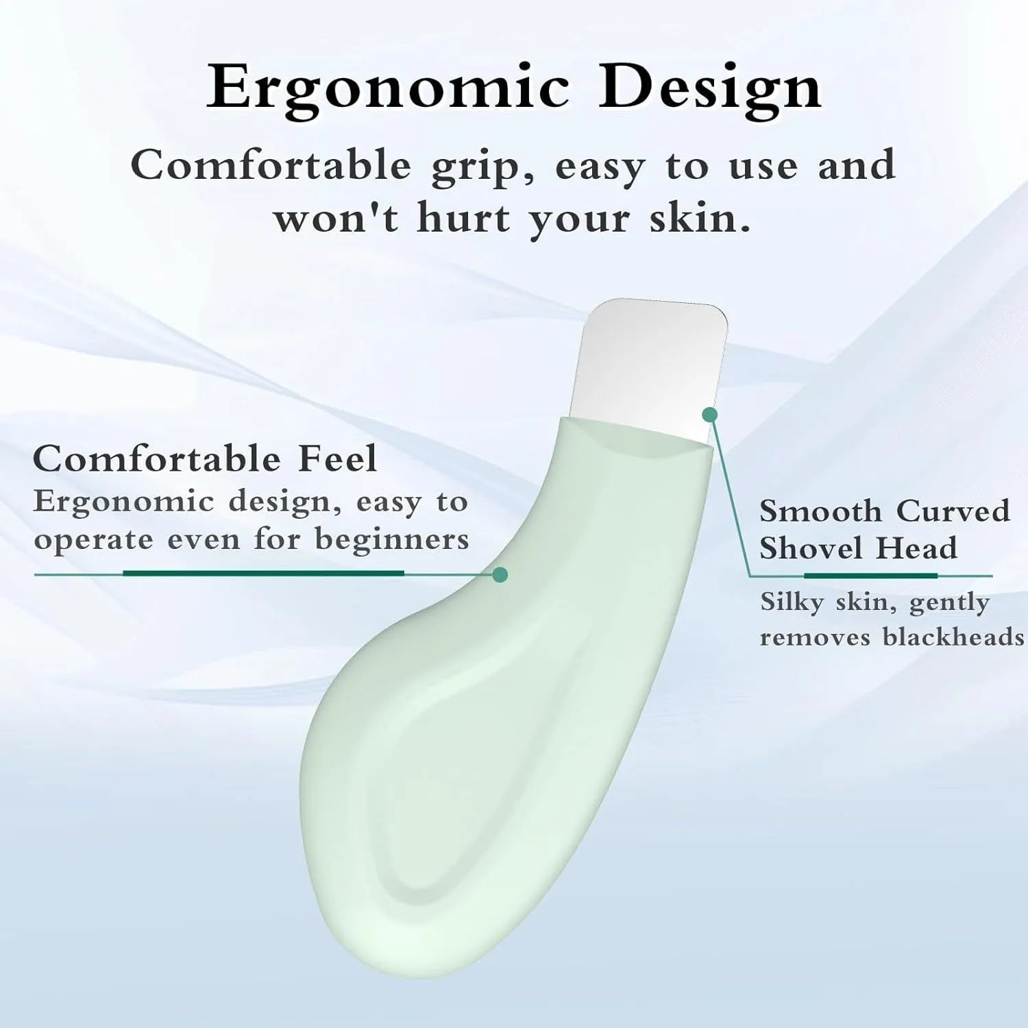 Green stainless steel blackhead remover tool with a non-slip handle for face and nose pores.