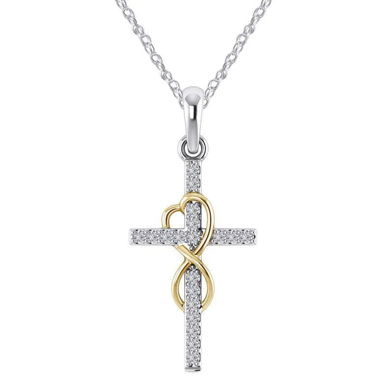 Alloy cross pendant necklace with diamond detail, adjustable chain, gold colour, unisex design