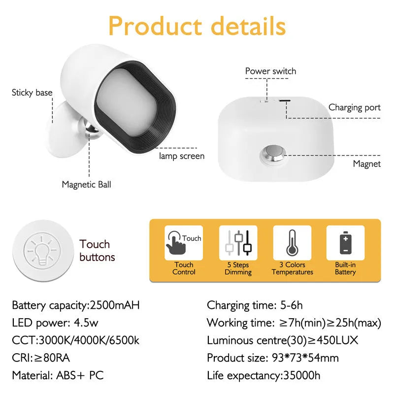 White magnetic wall lamp with remote control showing touch operation and colour changing features