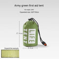 Disaster relief emergency tent with matching raincoat and sleeping bag in orange or green colours
