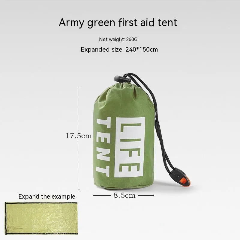 Disaster relief emergency tent with matching raincoat and sleeping bag in orange or green colours