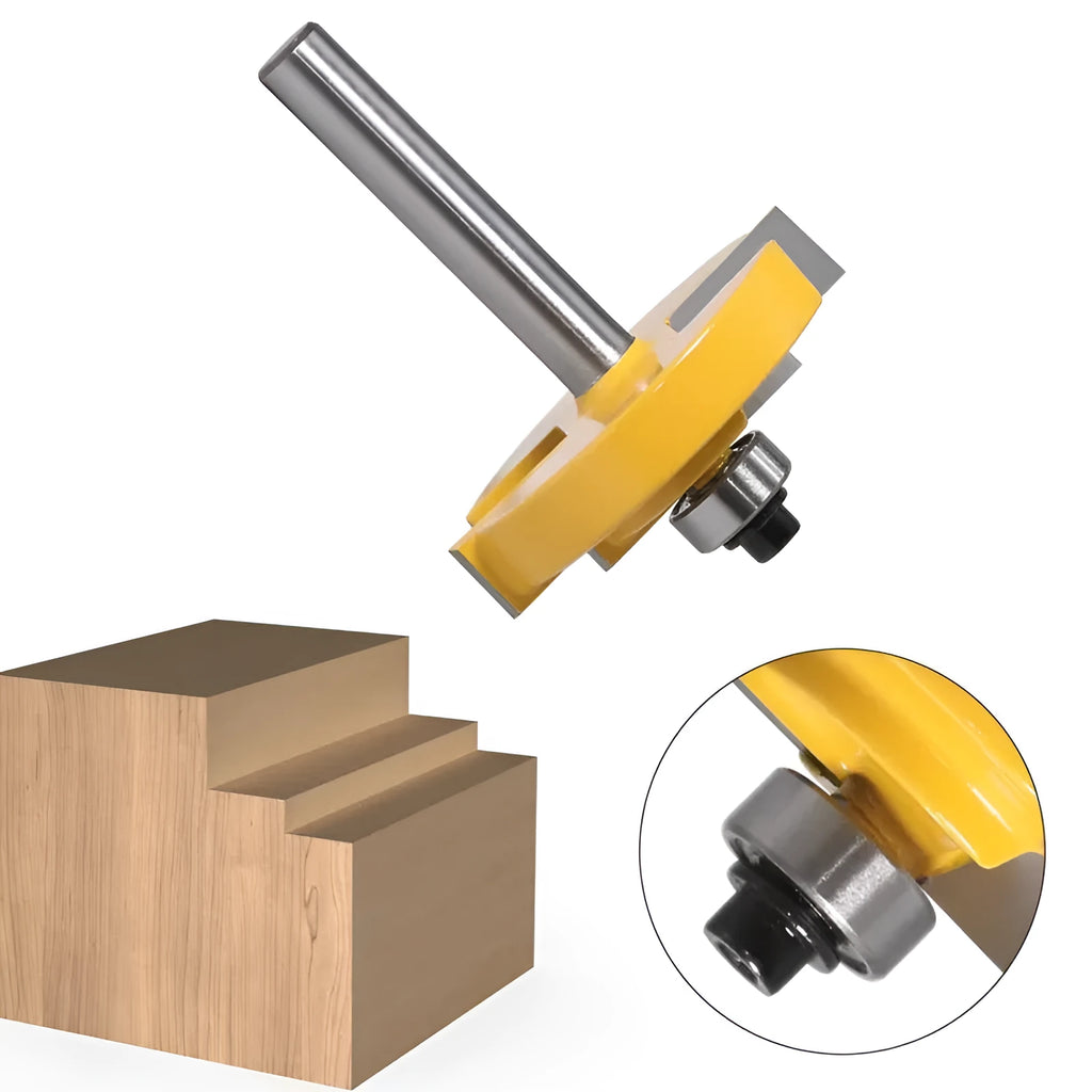 Carbide door and window step knife router bit with 47.62mm ball diameter, 8mm shank, and two flutes on a wooden workbench