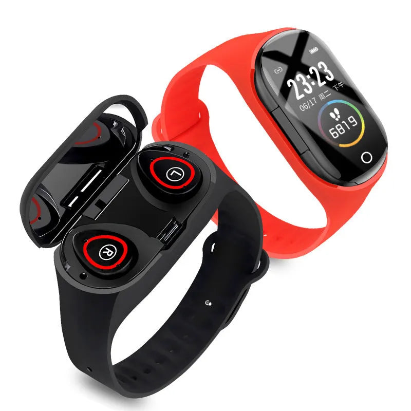 Blue silicone smart bracelet with 1-inch touch screen display and integrated earphones