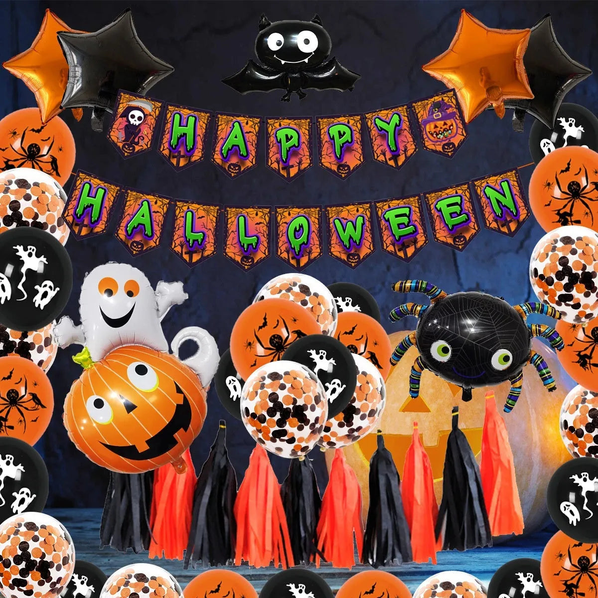 Halloween balloon combo set showing skull and pumpkin designs in white and black with spider arch arrangement