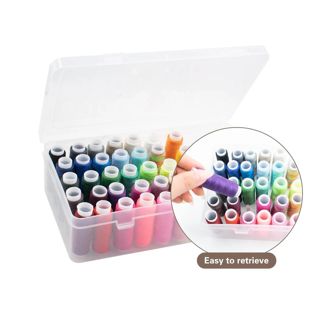 Transparent plastic storage box with 42 compartments for organising embroidery threads and sewing accessories.