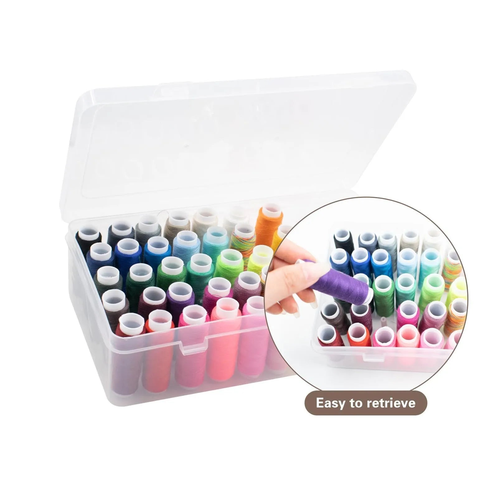 Transparent plastic storage box with 42 compartments for organising embroidery threads and sewing accessories.