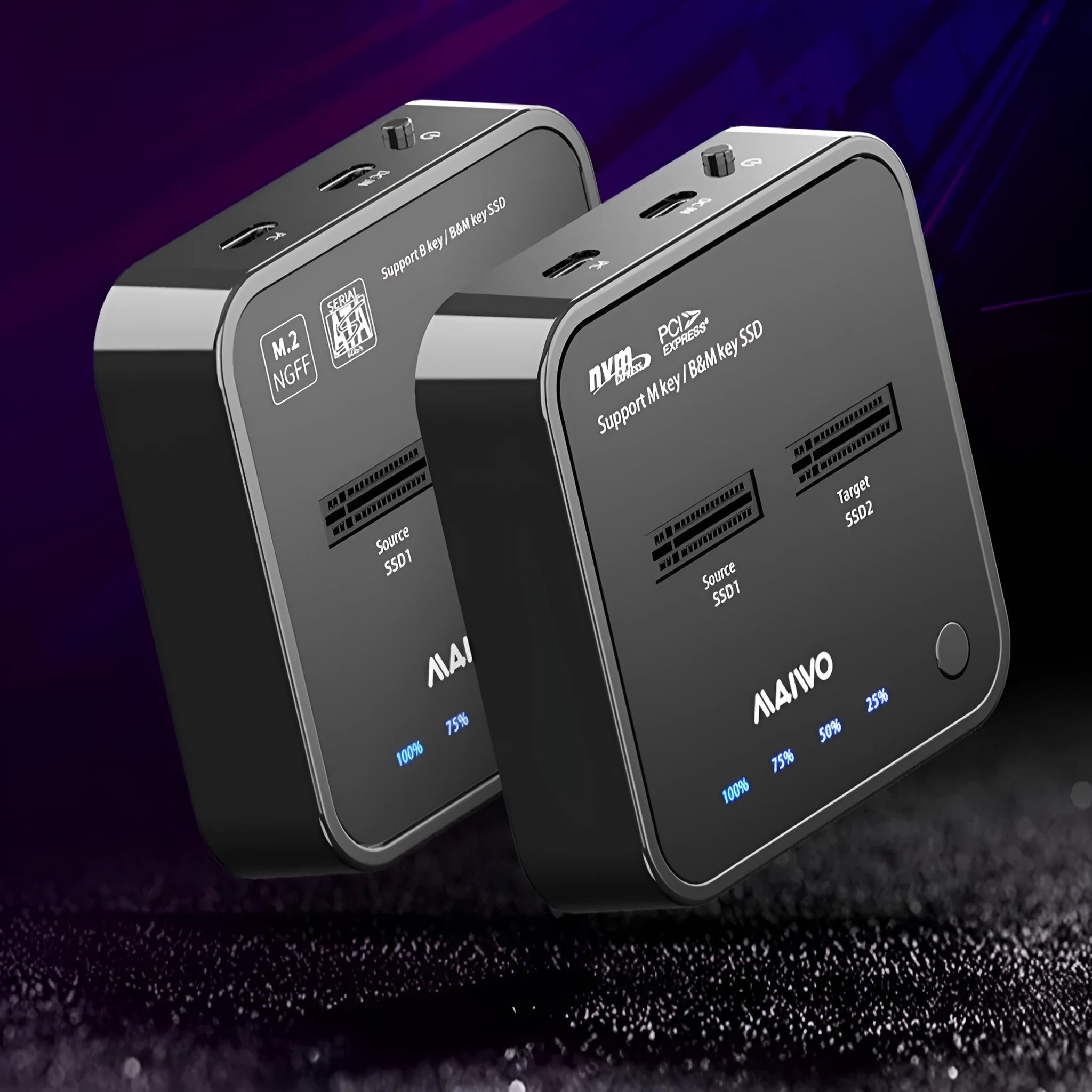 MAIWO K3016 M.2 SSD docking station for SATA and NVMe drives with data cables and power adapter.