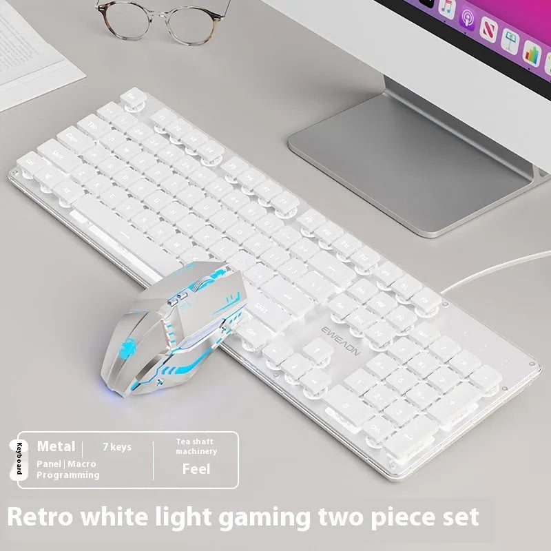 Wired mute mechanical keyboard with LED backlighting in multiple colour options including white, silver, and black variants