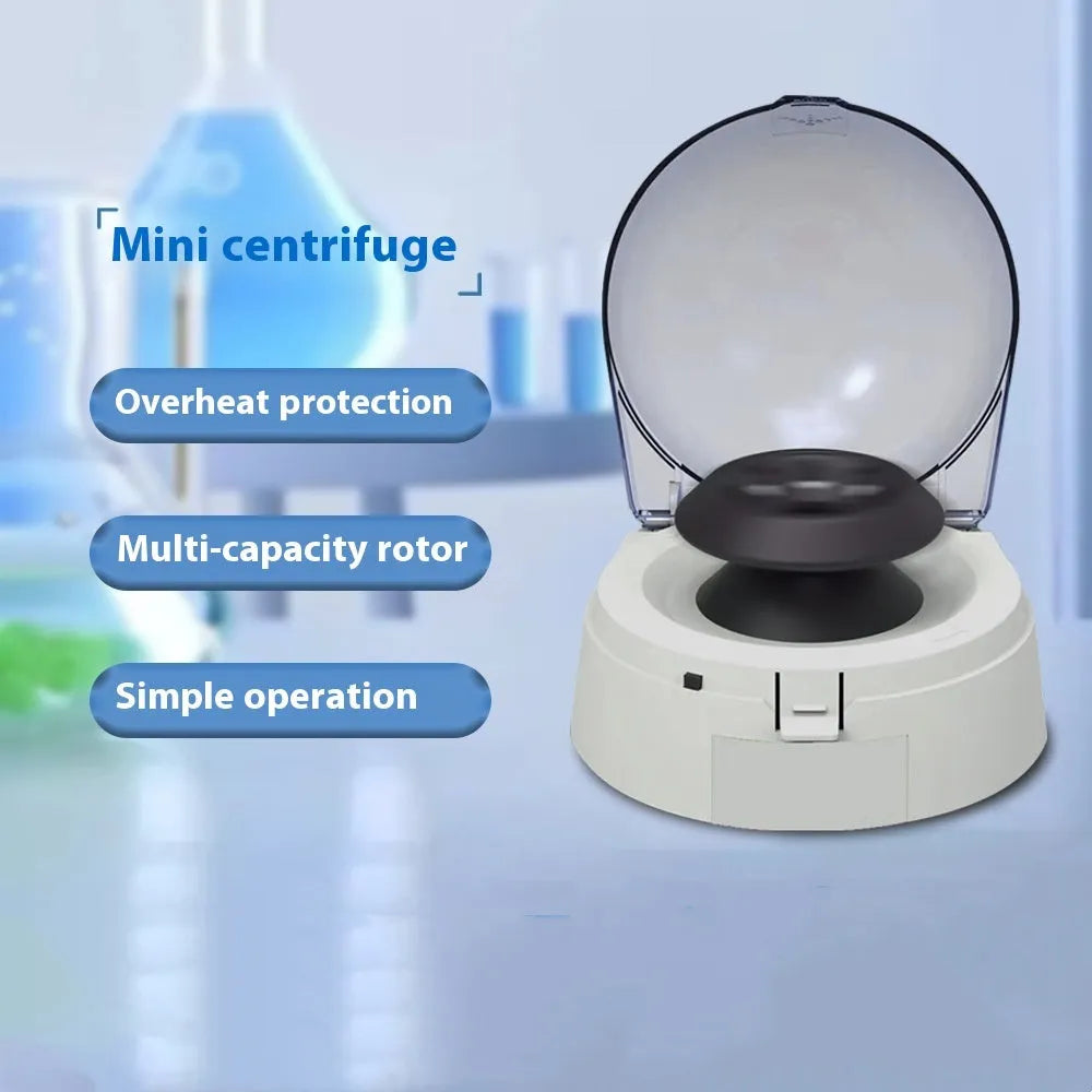 Small white laboratory mini centrifuge on a benchtop with dimensions 157mm wide by 170mm deep.