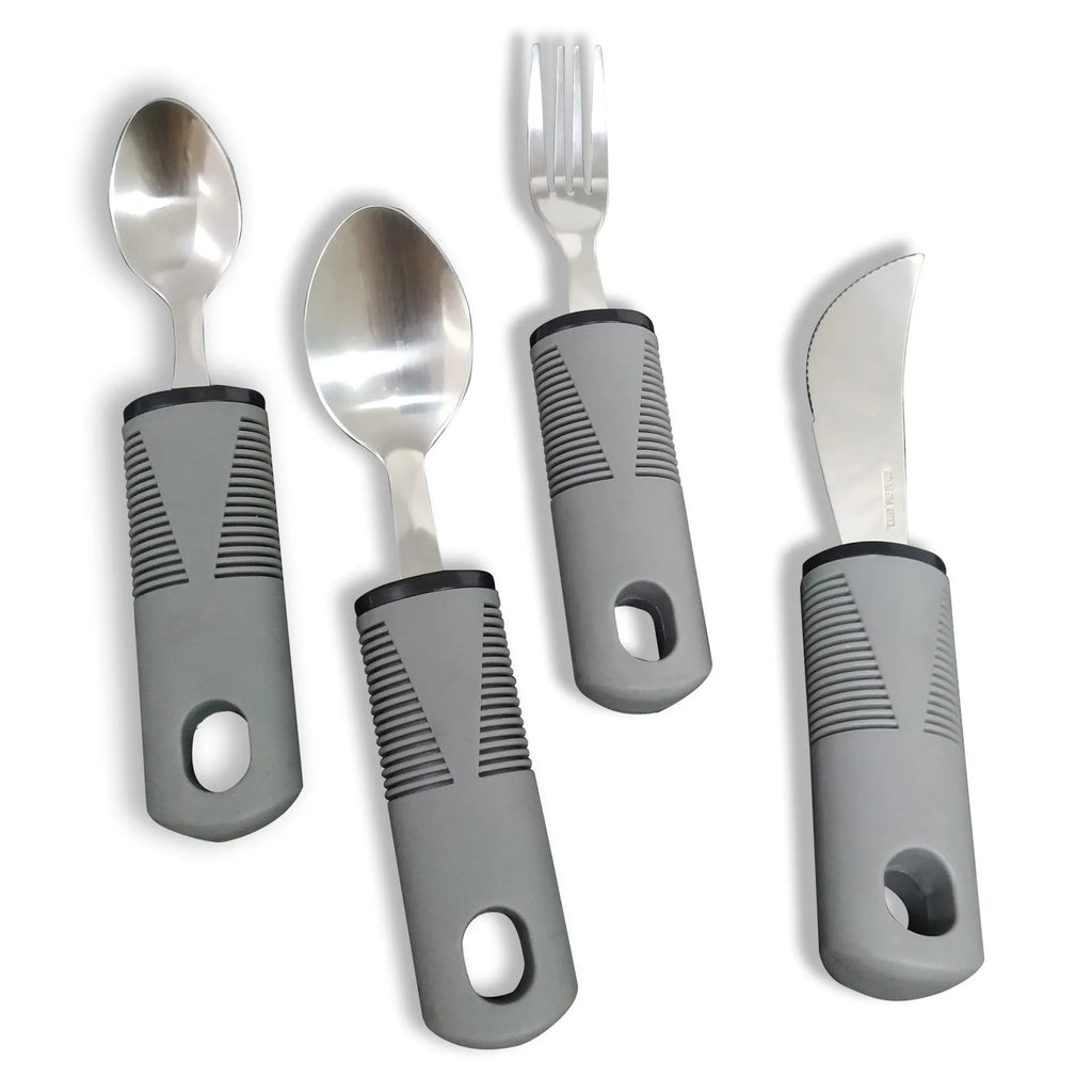 Adaptive stainless steel tableware set with rubber handle grips shown in black and grey colour options