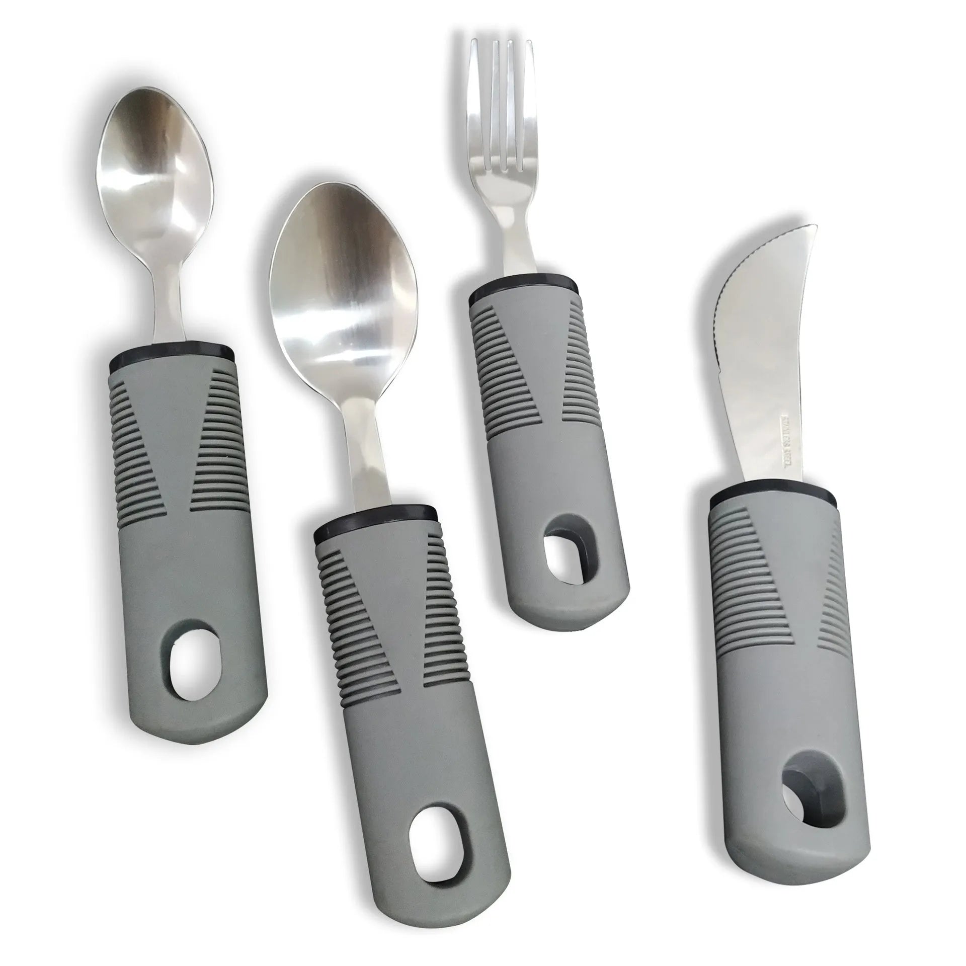 Adaptive stainless steel tableware set with rubber handle grips shown in black and grey colour options