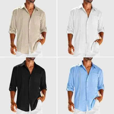 Men's grey long sleeve casual shirt with a button polo collar and chest pocket.