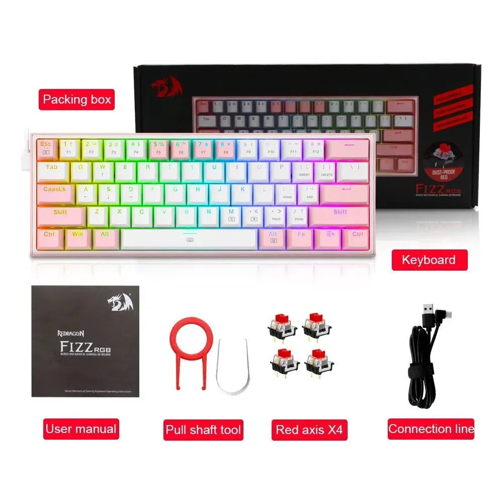 White and pink K617 wired mechanical keyboard with RGB backlighting lit up.