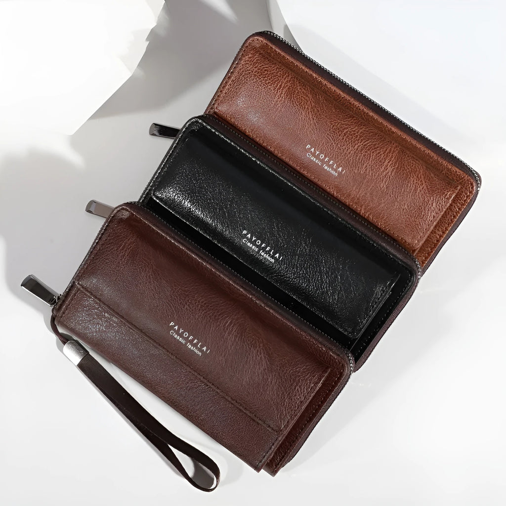 Men's black PU leather long wallet with multiple card slots showing its slim profile.