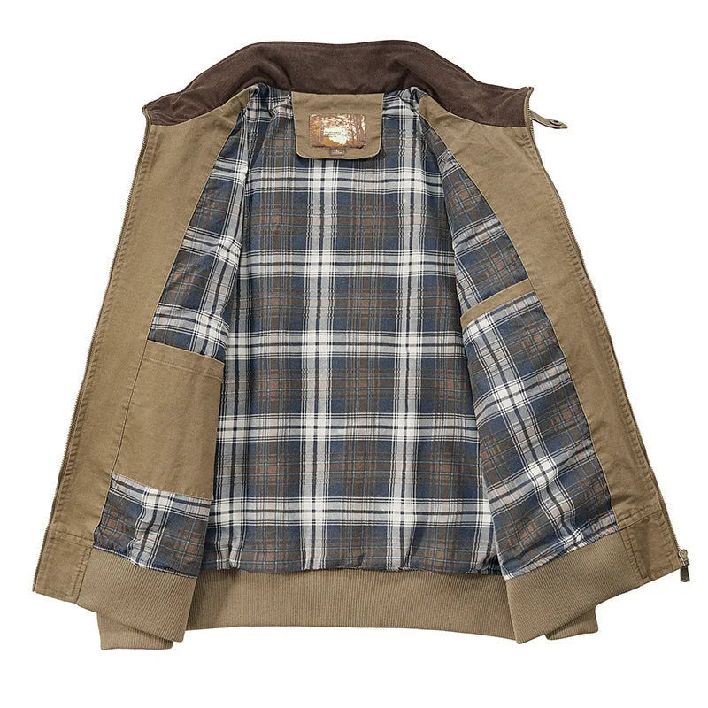 Men's camel coloured washed cotton baseball style jacket showing front view.