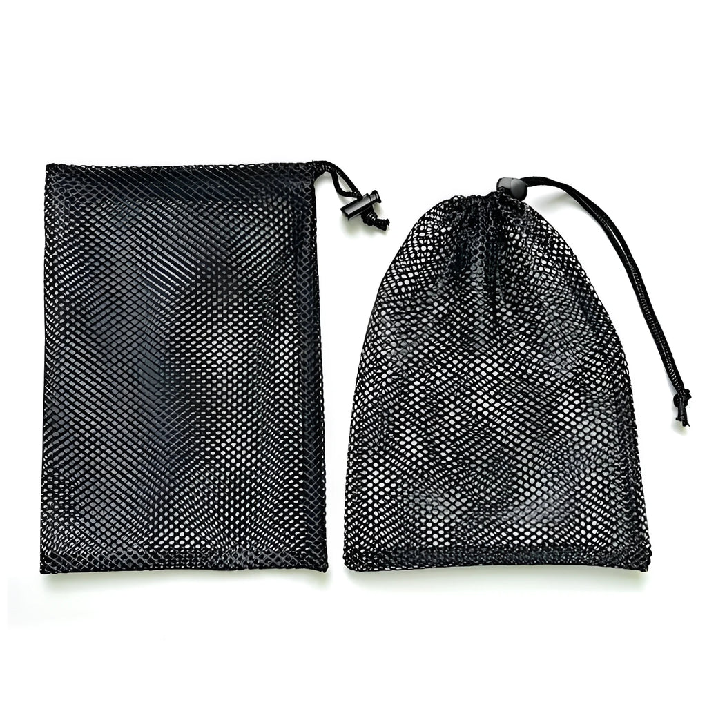 Black mesh drawstring storage bag for water ball toys with three size options shown