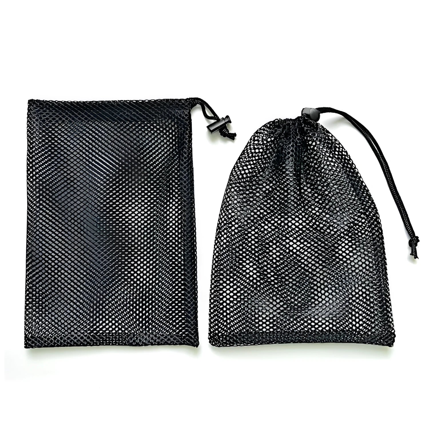 Black mesh drawstring storage bag for water ball toys with three size options shown