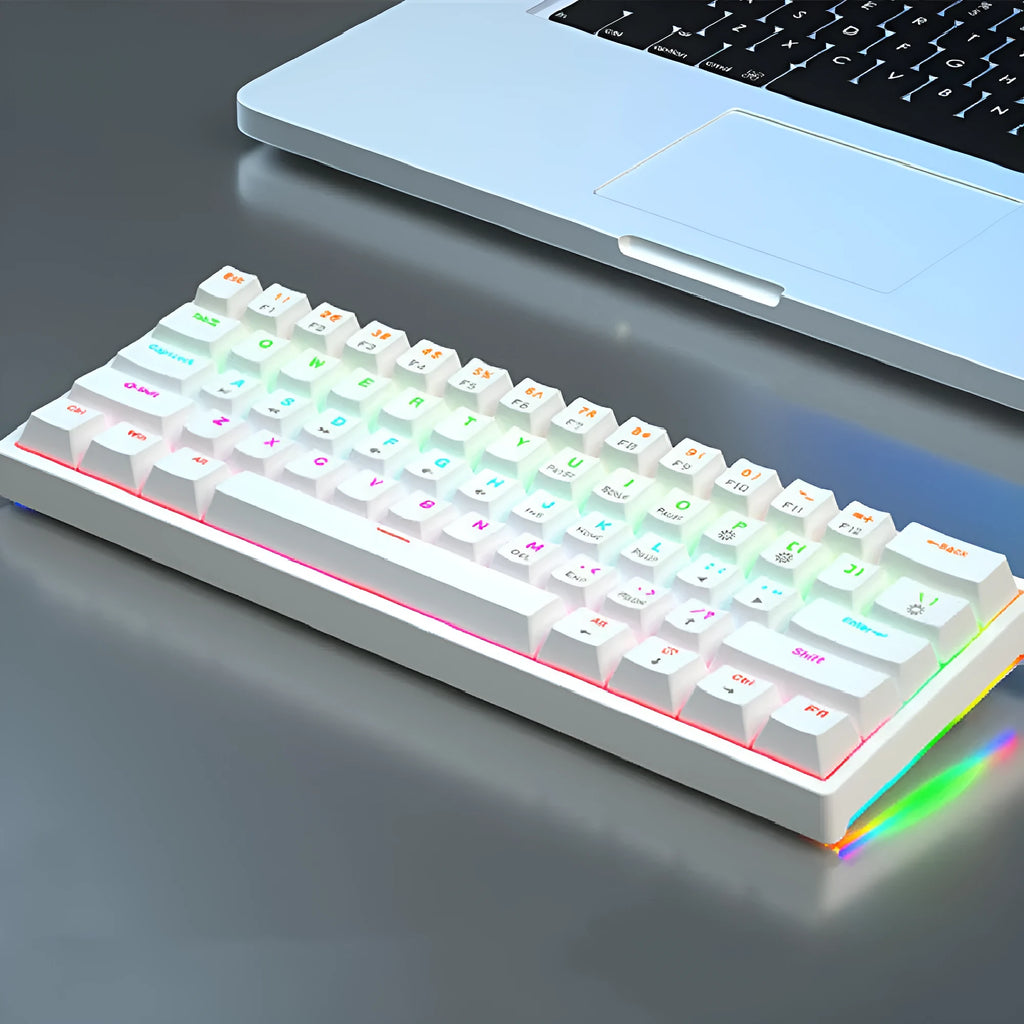 Bluish black 61-key mechanical keyboard with hot-swappable switches and two-tone keycaps