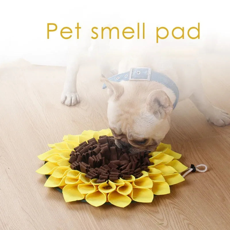 Yellow sunflower-shaped non-slip dog snuffle mat with fleece layers for slow feeding and nosework training
