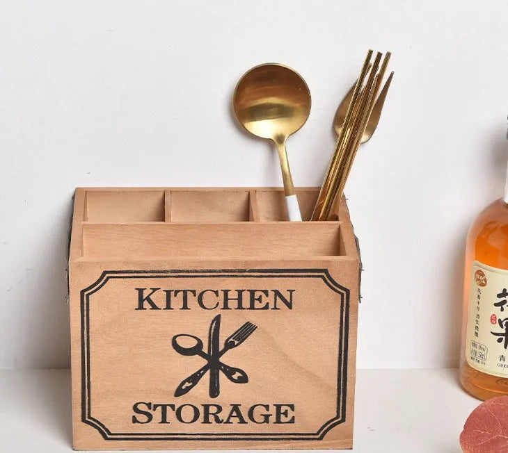 Wooden kitchen storage box with grid compartments for knives forks and chopsticks