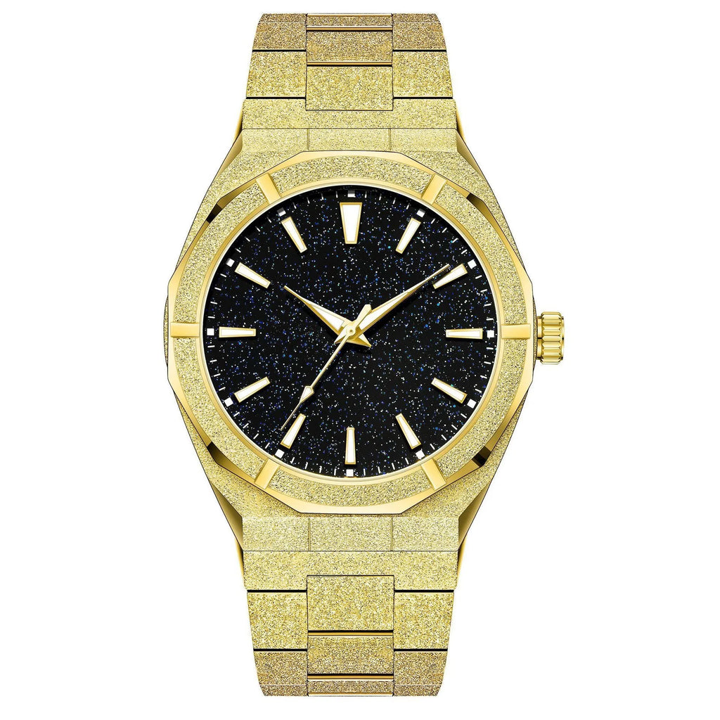 Men's frosted stainless steel business watch with luminous hands on a metal bracelet.