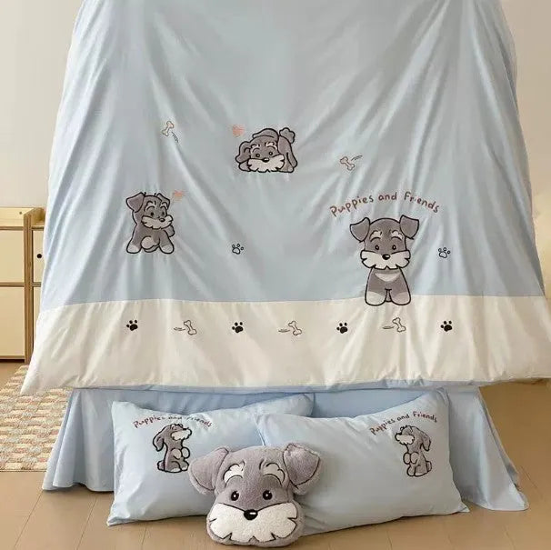 Cute cartoon Schnauzer dog pattern on a thickened cotton bedding set with embroidery.