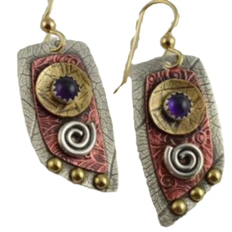 Gold-tone geometric metal earrings with camouflage leopard print pattern