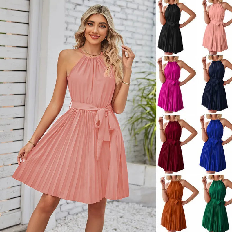 Women's black halter strapless sundress with pleated chiffon skirt and adjustable waist ties