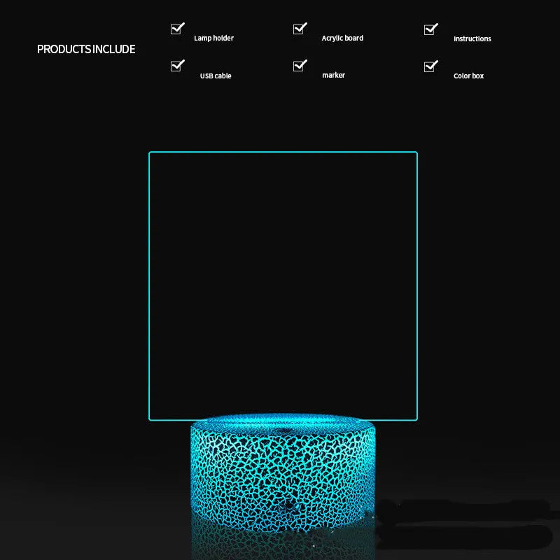3D acrylic message board night light with handwritten note, showing colour-changing illumination and remote control.