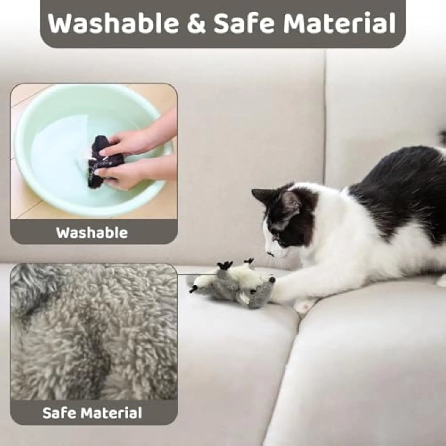 Grey plush flapping squirrel cat toy with motion sensor and USB charging unit