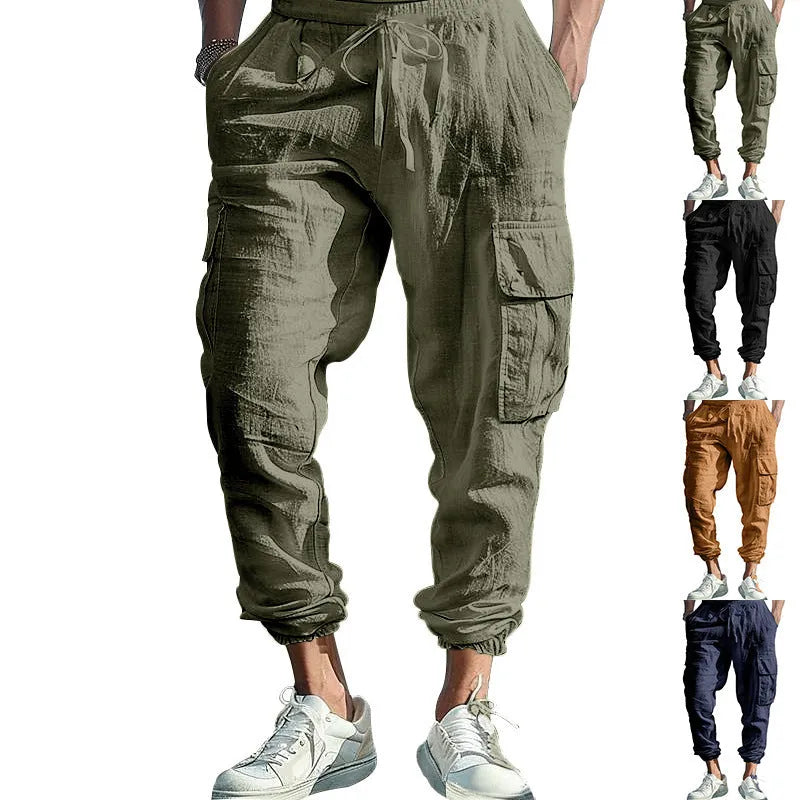 Men's loose-fit linen trousers with ankle ties and multiple pockets in Army Green.