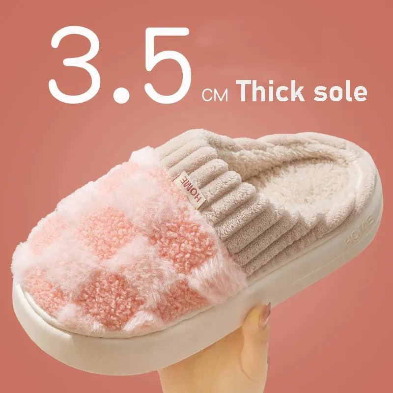 Women's plaid plush slippers in grey with a coral velvet upper and textured non-slip PVC sole.