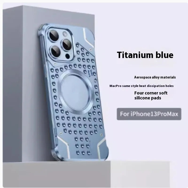 Borderless aluminum alloy phone case with hollow ventilation grid and magnetic ring inside, for iPhone 15 Pro Max in silver colour