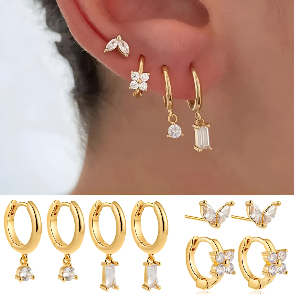 Copper electroplated geometric earrings four-piece set with star and quadrilateral shapes