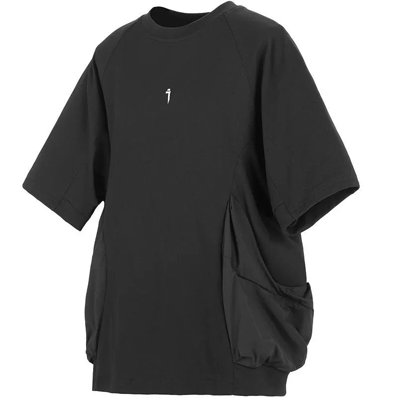 Men's loose fit cotton T-shirt with big pockets round neck short sleeves in black