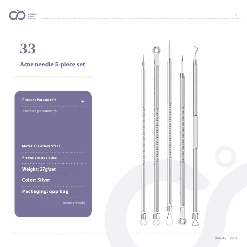 Four silver metal acne needles with fine pointed tips laid out on a surface.