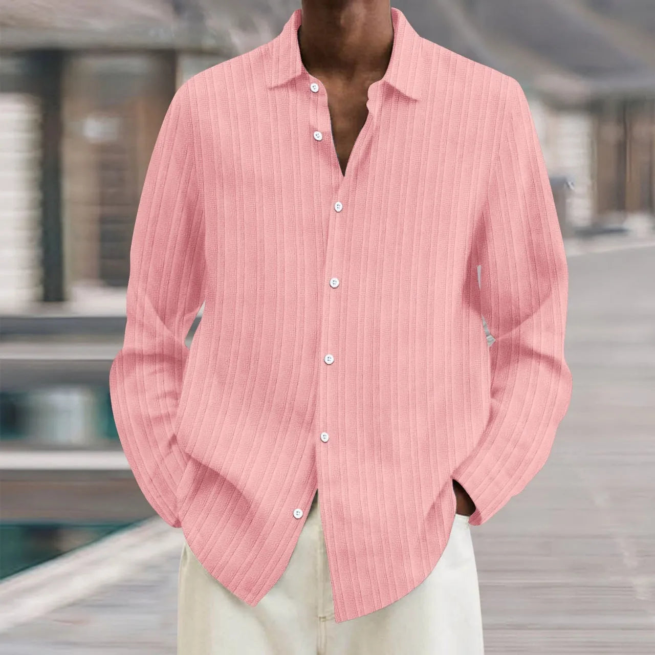 Men's striped cardigan long sleeve shirt in British style loose fit, available in multiple colours