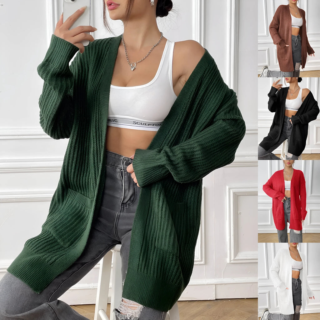 Women's loose-fit double pocket cardigan sweater in a solid colour