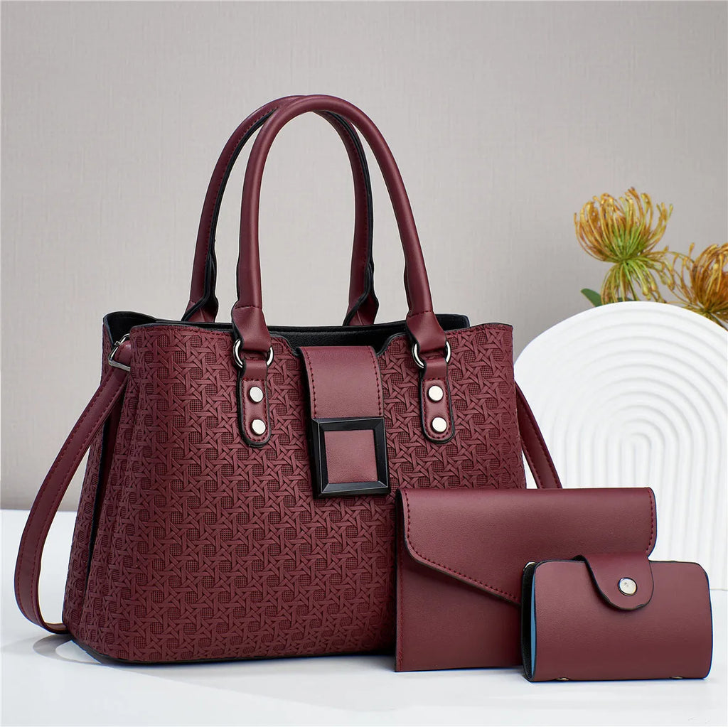 Women's three-piece textured crossbody bag set in square vertical model with single shoulder strap
